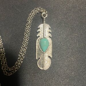 Silver Feather Pendant Necklace with Turquoise Stone
